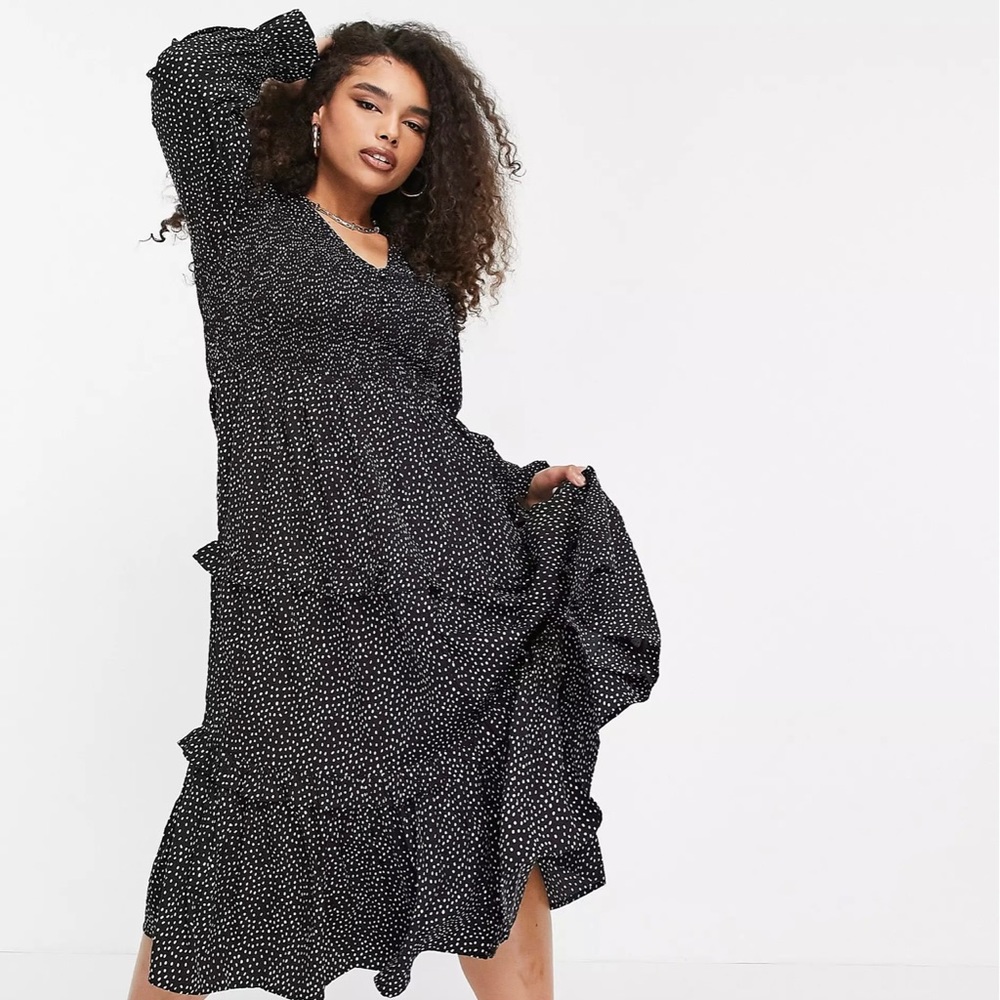 Yours shirred detail midi dress in monochrome spot